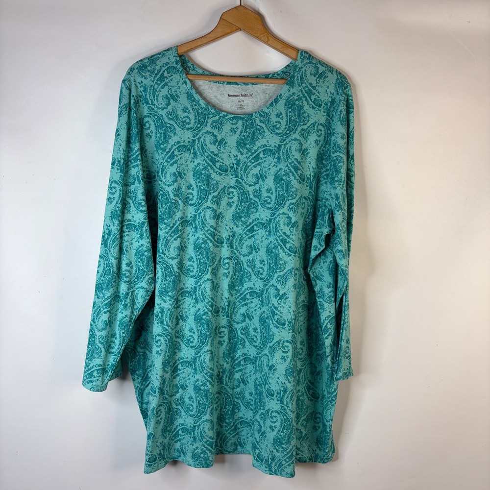 Woman Within Tunic Top Womens 2X Teal Paisley Long Sleeve Scoop Neck